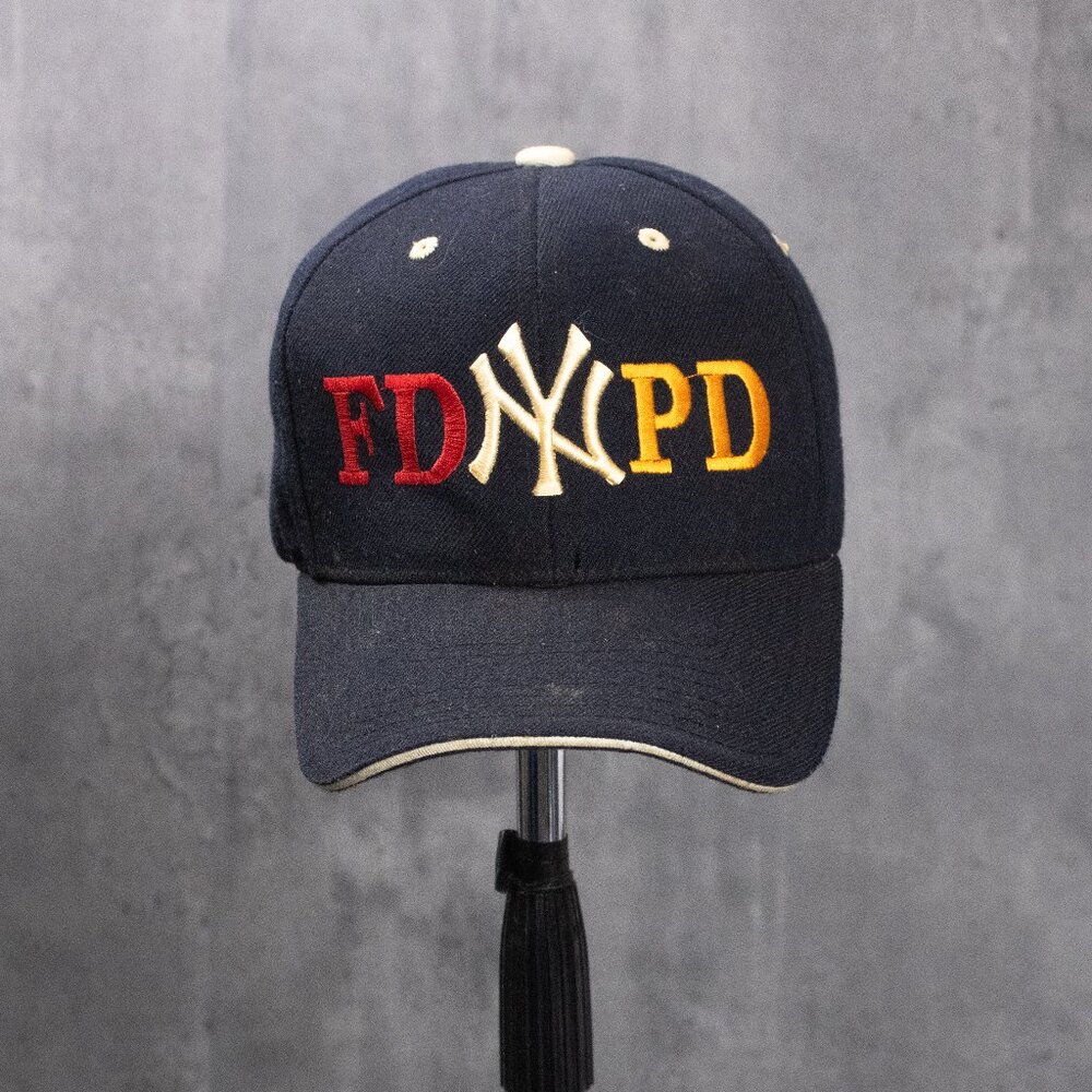 Vintage VTG 1980's 80's NY‎ FDNYD NYPD Yankee Black Wool Stripback 6 Pannel Hat